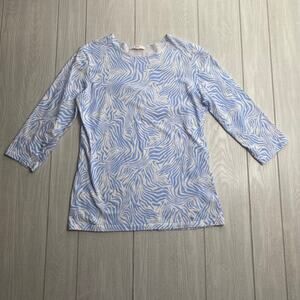 Leggiadro Women's White & Baby Blue Zebra Print Shaped Knit Tee Size 12 14 $295